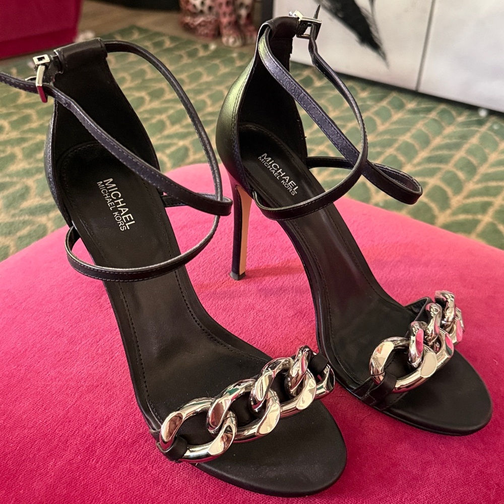 Michael Kors Black Heels with Silver Chain Accent